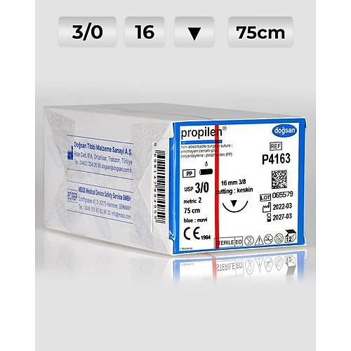 P4163 DOSAN Propilen 3/0 16 3/8 Keskin (?) 75cm Polipropilen Emilemeyen Str 12 Ad./Pkt  Cerrahi Malzeme