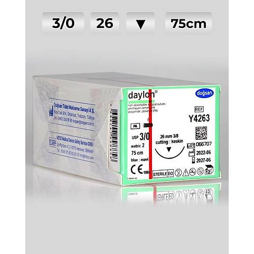 Y4263 DOSAN Daylon 3/0 26 3/8 Keskin (?) 75cm Polyamid Emilemeyen Str 12 Ad./Pkt  Cerrahi Malzeme