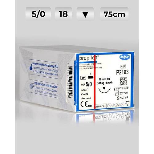 P2183 DOSAN Propilen 5/0 18 3/8 Keskin (?) 75cm Polipropilen Emilemeyen Str 12 Ad./Pkt  Cerrahi Malzeme