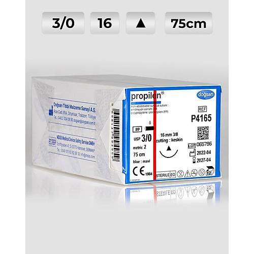 P4165 DOSAN Propilen 3/0 16 3/8 Keskin (?) 75cm Polipropilen Emilemeyen Str 12 Ad./Pkt  Cerrahi Malzeme