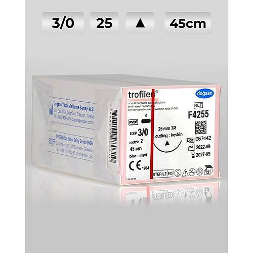 F4255 DOSAN Trofilen 3/0 25 3/8 Keskin (?) 45cm PVDF Emilemeyen Str 12 Ad./Pkt  Cerrahi Malzeme