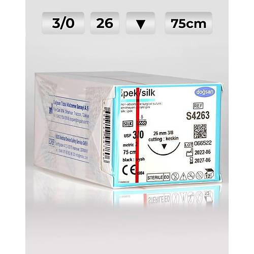 S4263 DOSAN pek 3/0 26 3/8 Keskin (?) 75cm pek Emilemeyen Str 12 Ad./Pkt  Cerrahi Malzeme