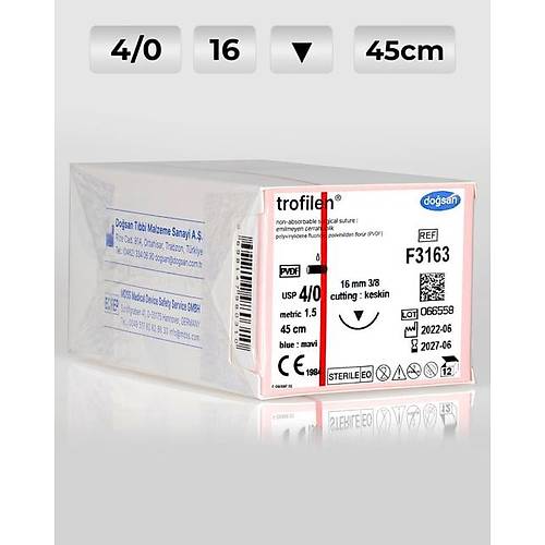 F3163 DOSAN Trofilen 4/0 16 3/8 Keskin (?) 45cm PVDF Emilemeyen Str 12 Ad./Pkt  Cerrahi Malzeme