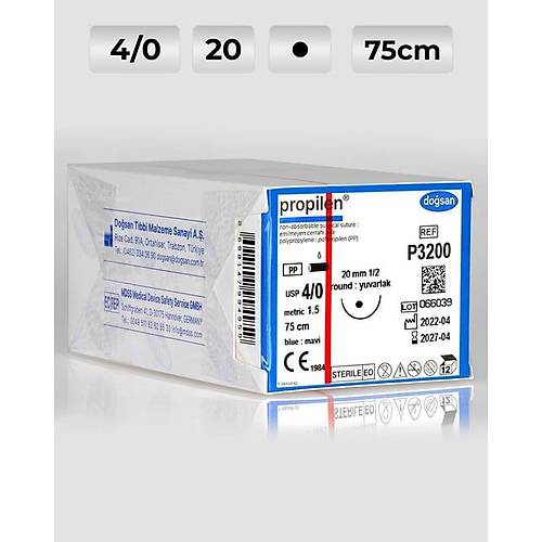 P3200 DOSAN Propilen 4/0 20 1/2 Yuvarlak (?) 75cm Polipropilen Emilemeyen Str 12 Ad./Pkt  Cerrahi Malzeme
