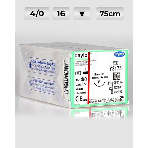 Y3173 DOSAN Daylon 4/0 16 3/8 Keskin (?) 75cm Polyamid Emilemeyen Str 12 Ad./Pkt  Cerrahi Malzeme