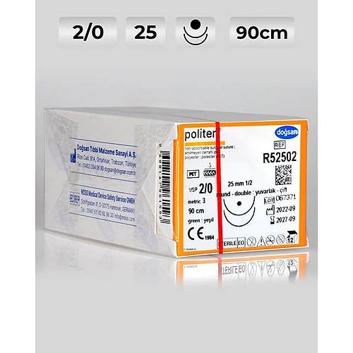 R52502 DOSAN Politer 2/0 25 1/2 Yuvarlak (?), ift 90cm Polyester Emilemeyen Str 12 Ad./Pkt  Cerrahi Malzeme