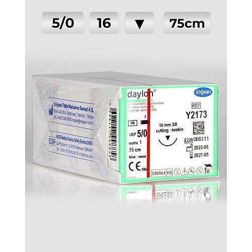 Y2173 DOSAN Daylon 5/0 16 3/8 Keskin (?) 75cm Polyamid Emilemeyen Str 12 Ad./Pkt  Cerrahi Malzeme