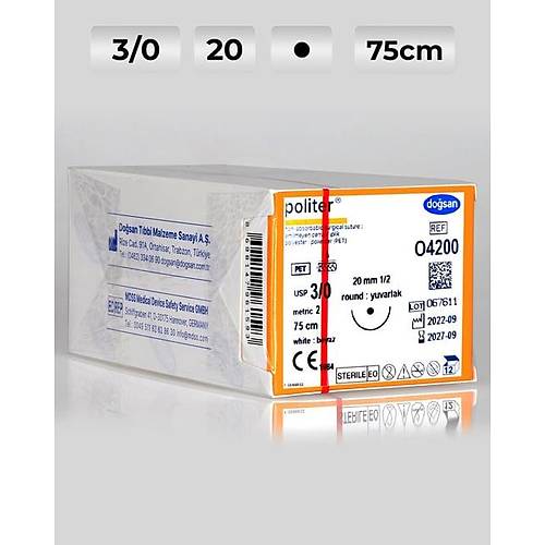 O4200 DOSAN Politer 3/0 20 1/2 Yuvarlak (?) 75cm Polyester Emilemeyen Str 12 Ad./Pkt  Cerrahi Malzeme