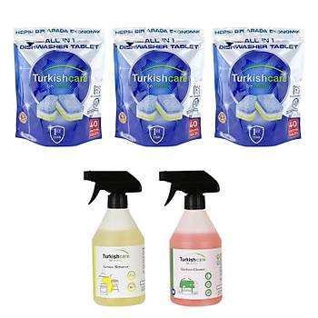 Turkishcare Bulak Makinesi Tableti 40 l x 3 Ad + Ya ve Mutfak Temizleme Spreyi  500 ml x 2 Adet 