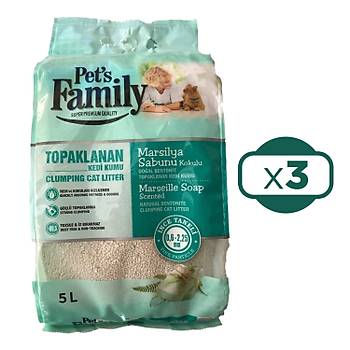 Pets Family Topaklanan Kedi Kumu Marsilya Sabunu Kokulu 5 L x 3 Adet (15 kg)