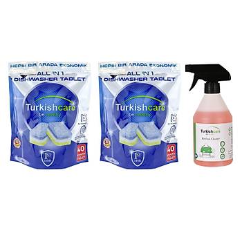 Turkishcare Bulak Makinesi Tableti 40 l x 2 Ad + Mutfak Temizleme Spreyi 500 ml