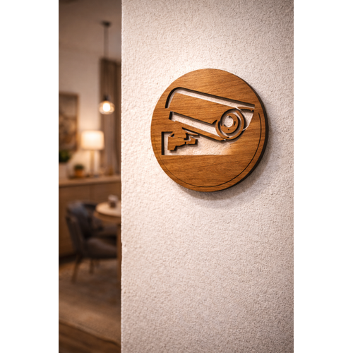 G�venlik Kameras� Levhas� 13 cm 3 mm Ah�ap Desenli Lazer Kesim Dekoratif Duvar Tabelas�