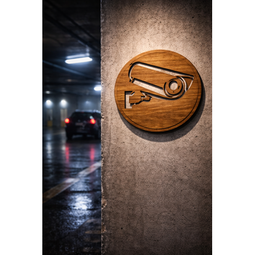 G�venlik Kameras� Levhas� 13 cm 3 mm Ah�ap Desenli Lazer Kesim Dekoratif Duvar Tabelas�