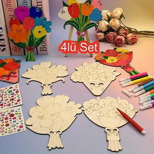 Lale Buketleri 4'l Set Ahap Boyama Oyuncak Aktivite Etkinlik Sanat