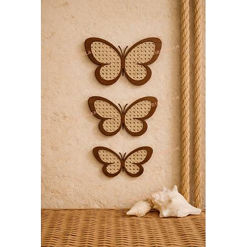 Has�r �rg� Hazeran & Rattan Detayl� 3'l� Kelebek Duvar S�s� Ah�ap Bohem Temal� Dekor