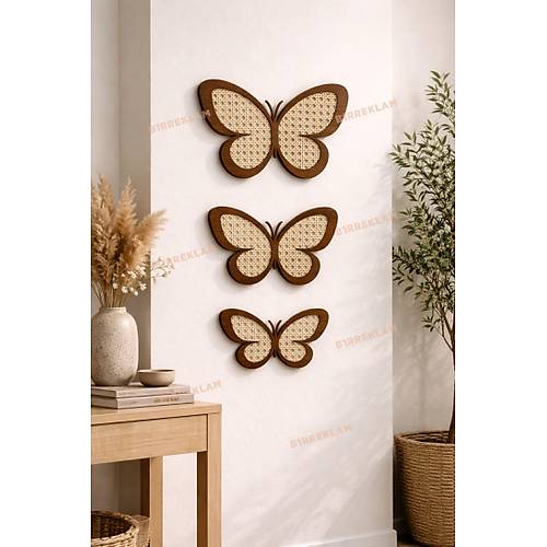 Has�r �rg� Hazeran & Rattan Detayl� 3'l� Kelebek Duvar S�s� Ah�ap Bohem Temal� Dekor