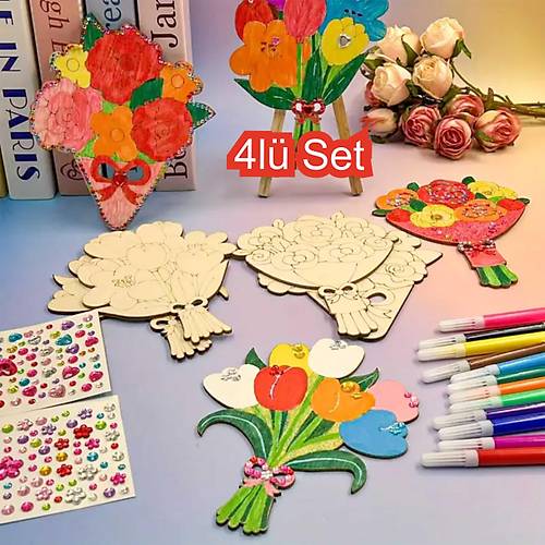 Lale Buketleri 4'l Set Ahap Boyama Oyuncak Aktivite Etkinlik Sanat
