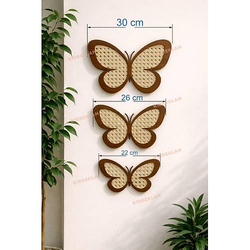 Has�r �rg� Hazeran & Rattan Detayl� 3'l� Kelebek Duvar S�s� Ah�ap Bohem Temal� Dekor