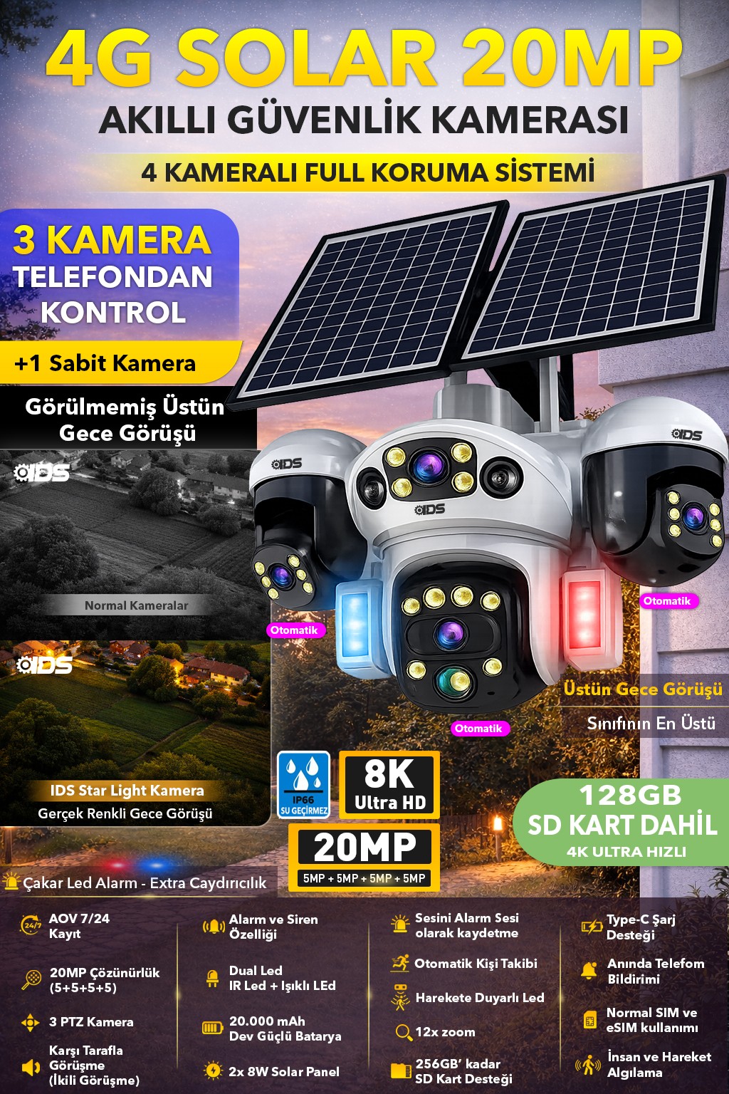 SIM KARTLI 4G SOLAR GÜNEŞ ENERJİLİ GÜVENLİK KAMERASI 3 HAREKETLİ 20MP 4 KAMERA - 128GB SD KART DAHİL