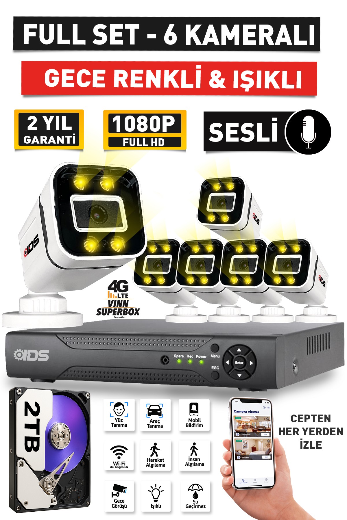 SESLİ - 6 KAMERALI FULLHD GECE RENKLİ VE IŞIKLI GÜVENLİK KAMERASI - KAMERA SETİ 2TB DİSK