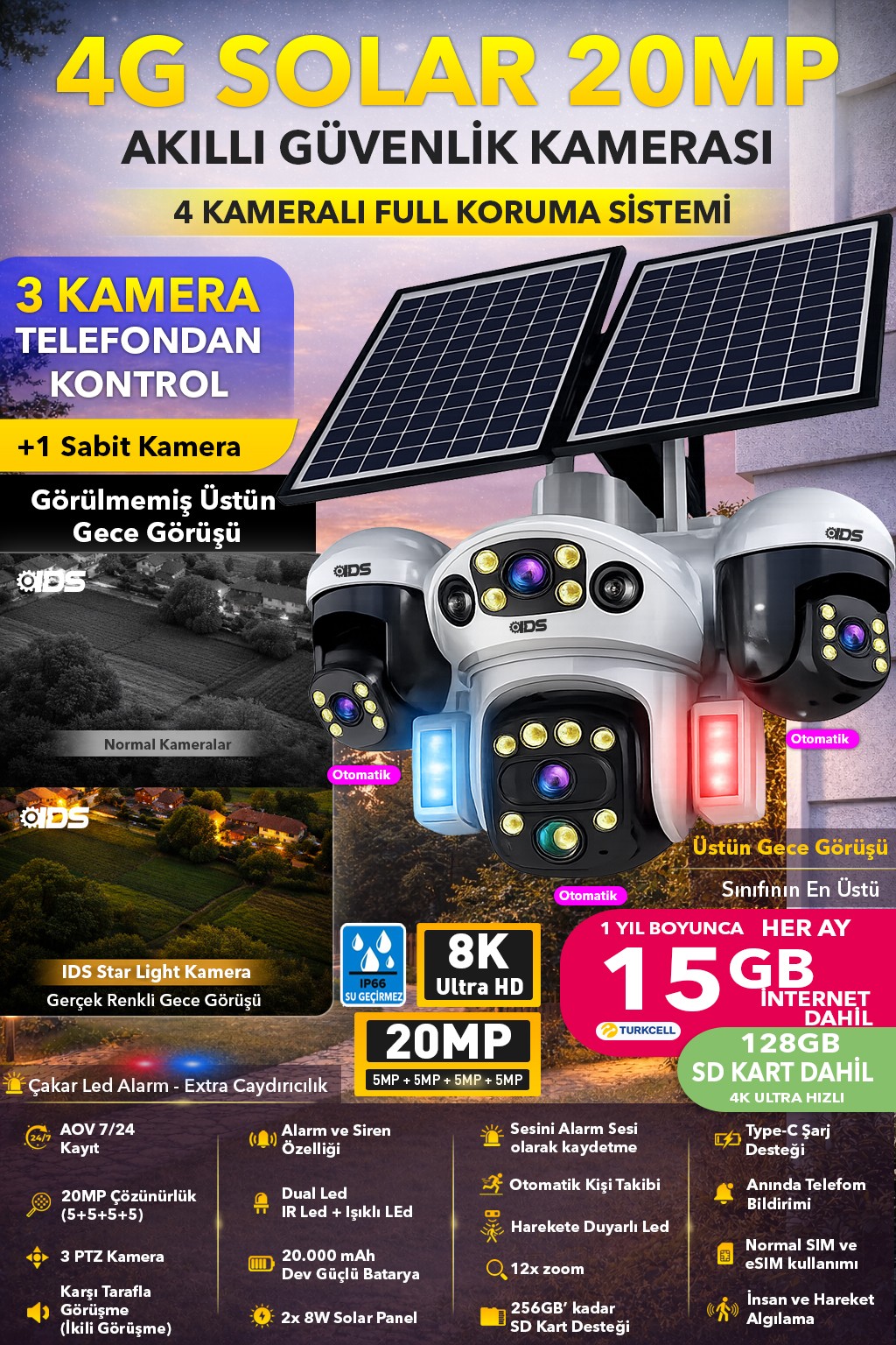 20MP 3 HAREKETLİ 4 KAMERA SIM KARTLI 4G SOLAR GÜNEŞ ENERJİLİ GÜVENLİK KAMERASI SD KART İNTERNT DAHİL