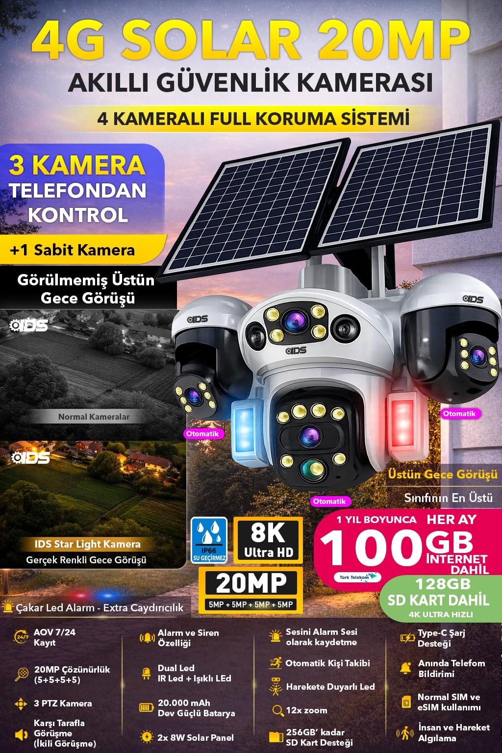 20MP 4 KAMERA 3 HAREKETLİ SIM KARTLI 4G GÜNEŞ ENERJİLİ GÜVENLİK KAMERASI 100GB İNTERNT SD KART DAHİL