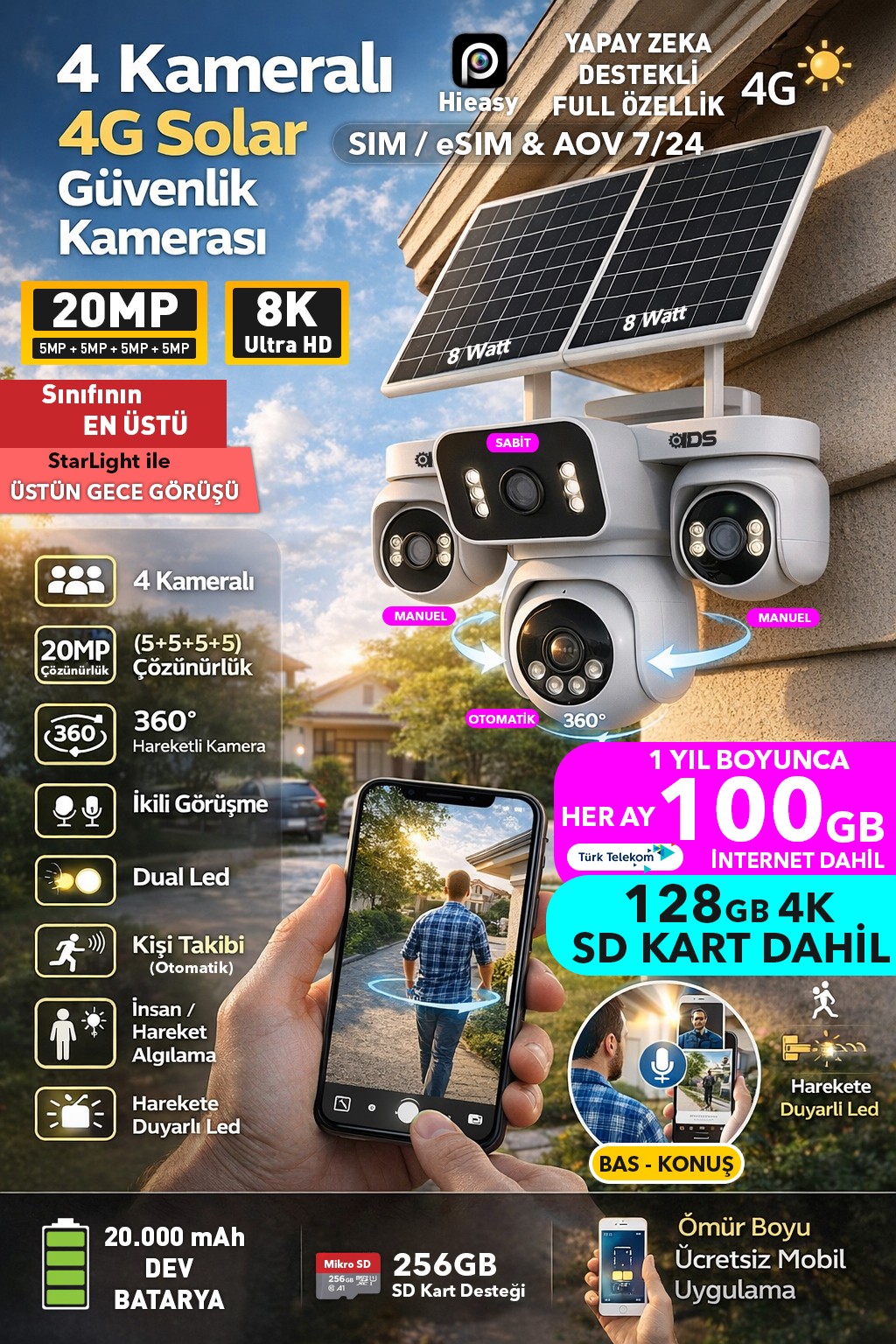 4 KAMERA 20MP 360 AÇI 4G SİM KARTLI GÜNEŞ ENERJİLİ GÜVENLİK KAMERASI 128GB SD KART VE 100GB İNTERNET