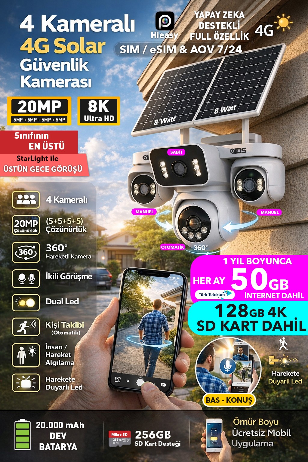 4 KAMERA 20MP 360 İZLEME GÜNEŞ ENERJİLİ 4G SİM KARTLI GÜVENLİK KAMERASI 128GB SD VE 50GB İNTERNET