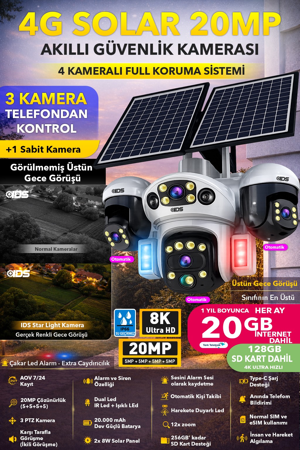 3 HAREKETLİ 4 KAMERA 20MP SIM KARTLI SOLAR 4G GÜNEŞ ENERJİLİ GÜVENLİK KAMERASI SD KART İNTERNT DAHİL