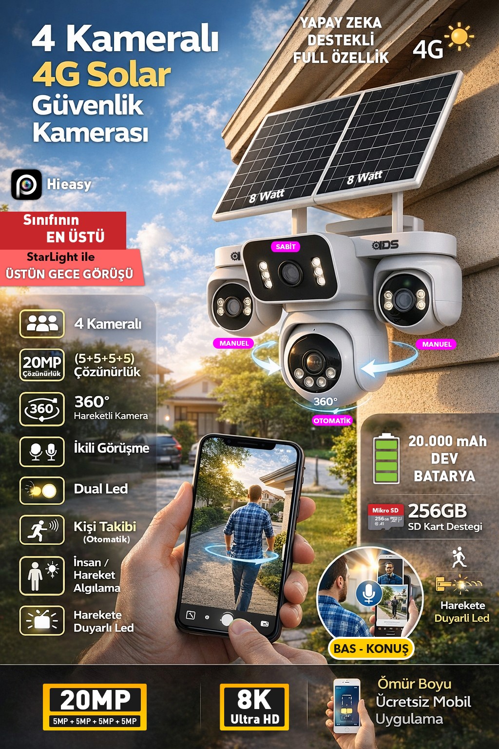 4 KAMERA 360 GÖRÜŞ 20MP 4G GÜNEŞ ENERJİLİ SİM KARTLI GÜVENLİK KAMERASI - KİŞİ TAKİBİ - GECE GÖRÜŞÜ