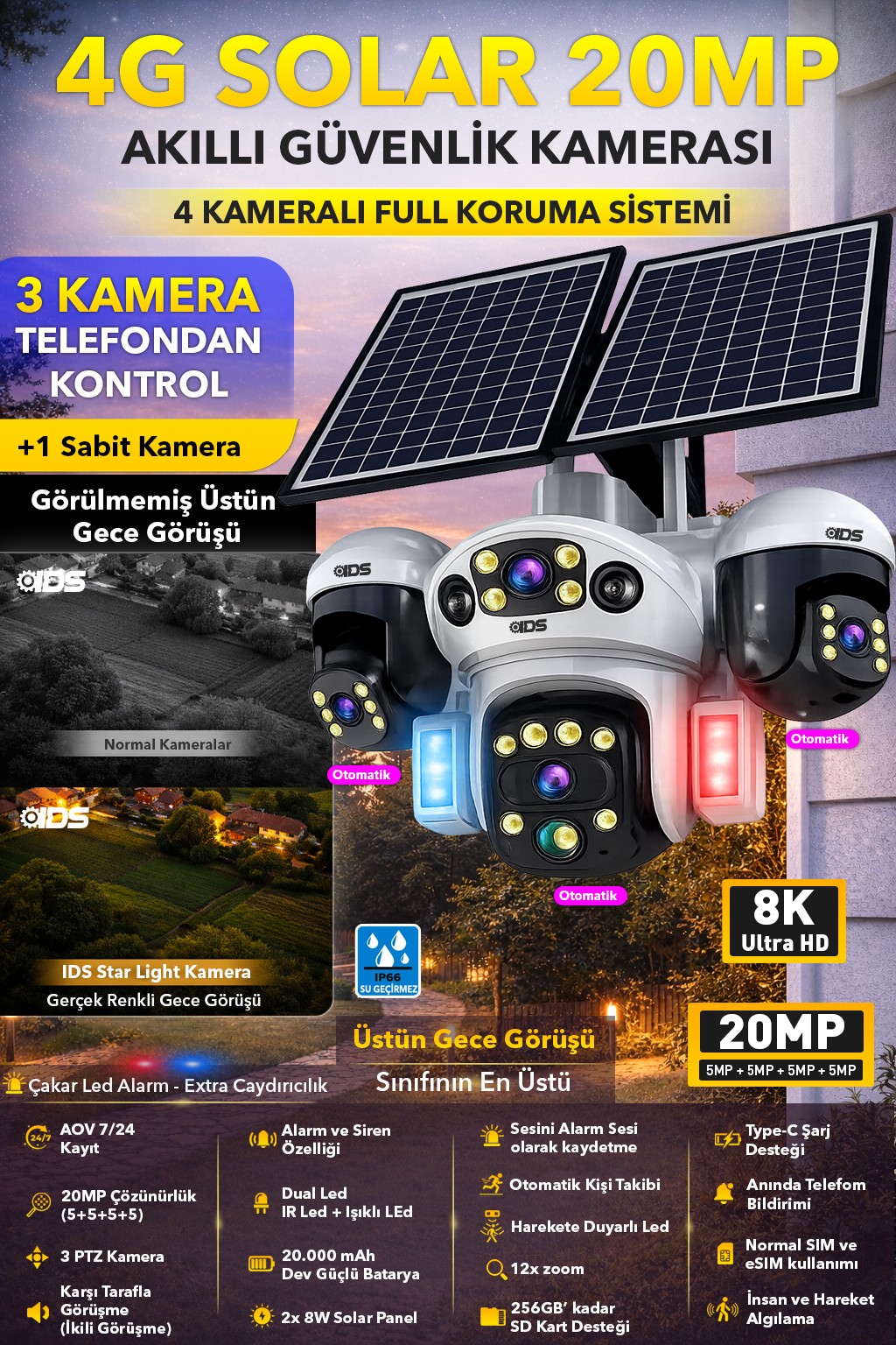 3 HAREKETLİ 20MP 4 KAMERA 4G SOLAR GÜNEŞ ENERJİLİ GÜVENLİK KAMERASI - ANLIK BİLDİRİM - SESLİ UYARI