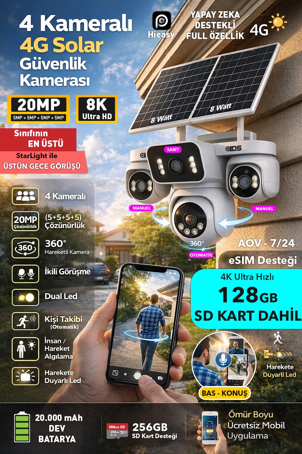 20MP 4 KAMERA 360 GÖRÜŞ 4G GÜNEŞ ENERJİLİ SİM KARTLI GÜVENLİK KAMERASI - KİŞİ TAKİBİ - 128GB SD KART