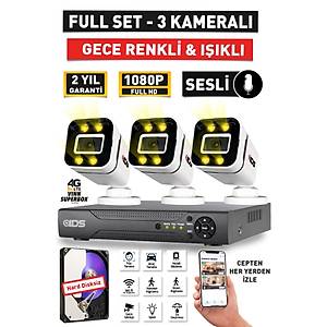 SESL� - 3 KAMERALI FULLHD GECE RENKL� VE I�IKLI G�VENL�K KAMERASI - KAMERA SET� HARD D�SKS�Z