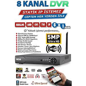 8 KANAL 5MP 2K ULTRA HD H265 DVR KAYIT C�HAZI - Y�Z TANIMA - WIFI - ARA� ve �NSAN ALGILAMA