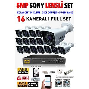 16 KAMERALI 5MP LENSL� 1080P FULLHD KAMERA SET� - GECE G�R��L� - SU GE��RMEZ - CEPTEN �ZLE