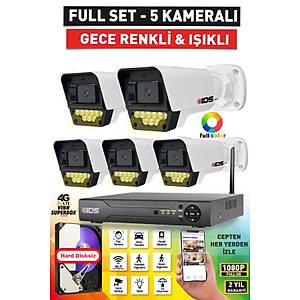 5 KAMERALI RENKL� GECE G�R��L� 5MP LENSL� FULLHD GECE G�R��L� 9 LED KAMERASI SET� - NOHDD