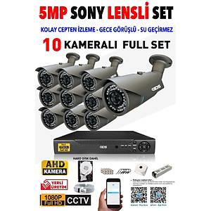 10 KAMERALI 5MP LENSL� 1080P FULLHD KAMERA SET� - GECE G�R��L� - SU GE��RMEZ - CEPTEN �ZLE