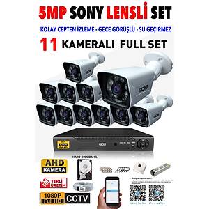 11 KAMERALI 5MP LENSL� 1080P FULLHD KAMERA SET� - GECE G�R��L� - SU GE��RMEZ - CEPTEN �ZLE
