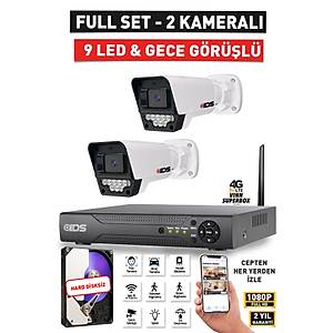 2 KAMERALI FULLHD G�VENL�K KAMERASI SET� - GECE G�R��L� 9 LED - CEPTEN �ZLE - HARD D�SKS�Z