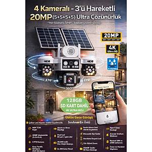 20MP 3 OTOMAT�K 4 KAMERA 8K G�NE� ENERJ�L� SOLAR 4G G�VENL�K KAMERASI 128GB SD KART DAH�L �AKAR LED