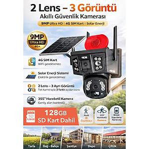 3 G�r�nt� 2 Lens 9MP 360 4G G�ne� Enerjili Solar Kamera - Dual Led Gece Renkli 128GB SD Kart Dahil