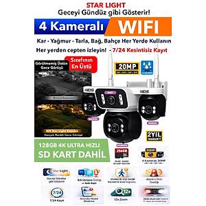 4 Kameral� WIFI G�venlik Kameras� Ultra Renkli Gece G�r��� - Otomatik Ki�i Takibi - Cepten �zle