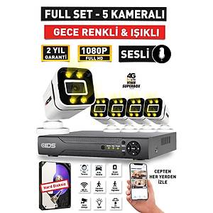 SESL� - 5 KAMERALI FULLHD GECE RENKL� VE I�IKLI G�VENL�K KAMERASI - KAMERA SET� HARD D�SKS�Z