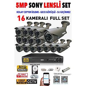 16 KAMERALI 5MP LENSL� 1080P FULLHD KAMERA SET� - GECE G�R��L� - SU GE��RMEZ - CEPTEN �ZLE