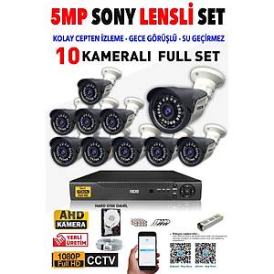 10 Kameral� SET - 5MP Lensli Full HD Gece G�r��l� G�venlik Kameras� Sistemi - Cepten �zle