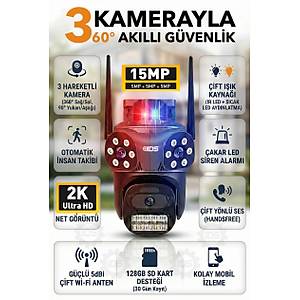 3 KAMERALI WIFI KAMERA - 15MP 2K G�R�NT� 360 DERECE HAREKETL� CEPTEN �ZLE - HAREKET ALGILAMALI