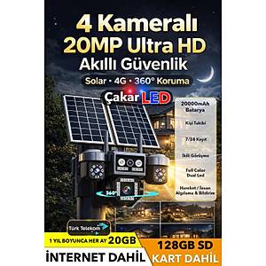 20GB �nternet 128GB SD Kart Dahil 4 Lens 20MP UltraHD Sim Kartl� G�ne� Enerjili G�venlik Kameras�