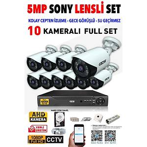10 KAMERALI 5MP LENSL� 1080P FULLHD KAMERA SET� - GECE G�R��L� - SU GE��RMEZ - CEPTEN �ZLE