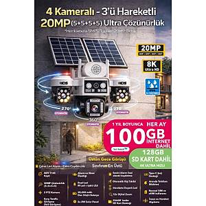 20MP 4 KAMERA 3 OTOMAT�K 8K SOLAR 4G G�NE� ENERJ�L� G�VENL�K KAMERASI 100GB �NTERNET 128GB SD KART
