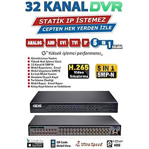 32 KANAL 5MP-N FULLHD H265 DVR KAYIT C�HAZI 2xHDD YUVASI 16 SES SAB�T �P �STEMEZ XMEYE MOB�L QR
